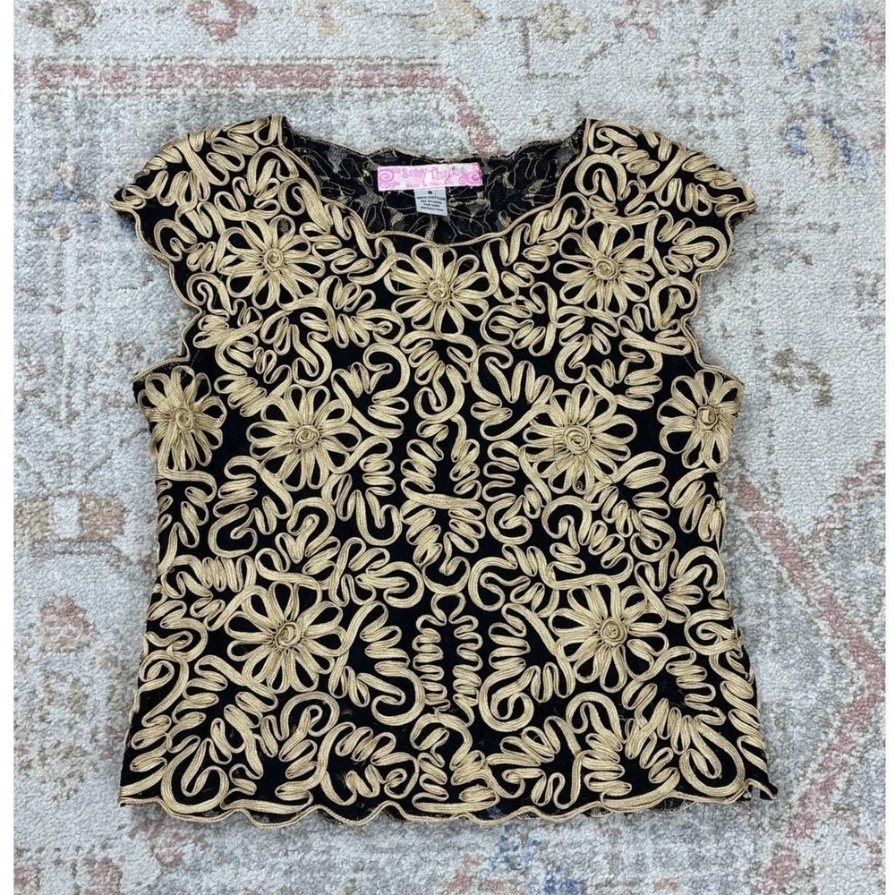 Sassy That Black Mesh Gold Cord Embroidered Lace Top Floral Scalloped Sz S Y2K